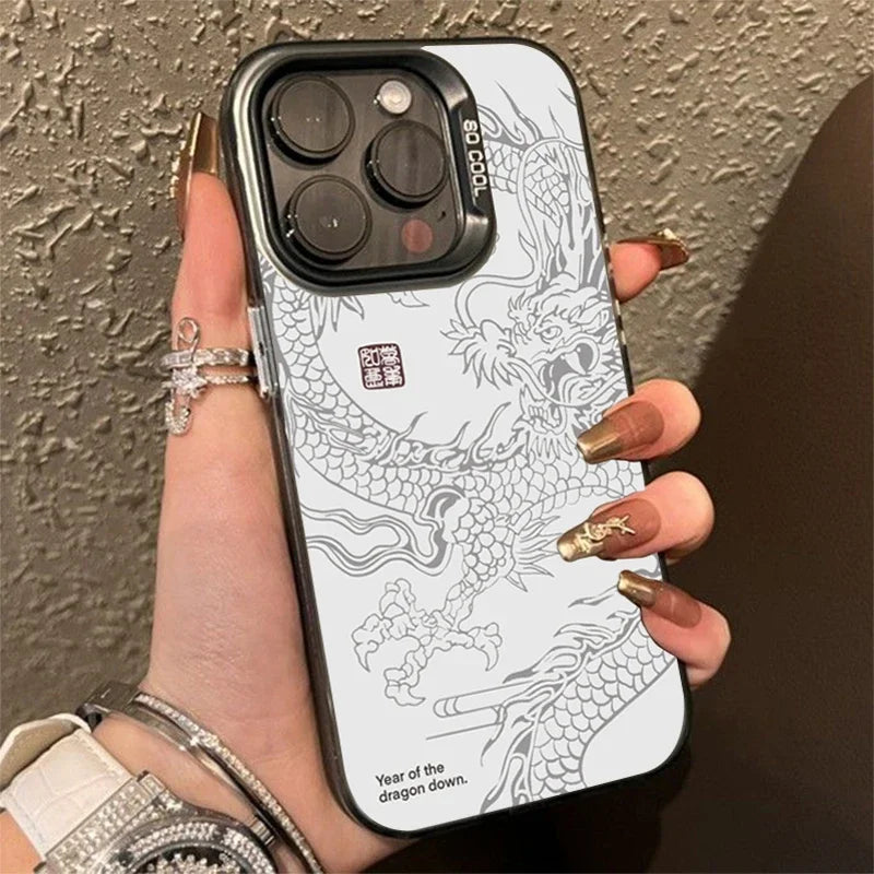 Hand holding a phone case with a dragon design and 'Year of the Dragon' text.