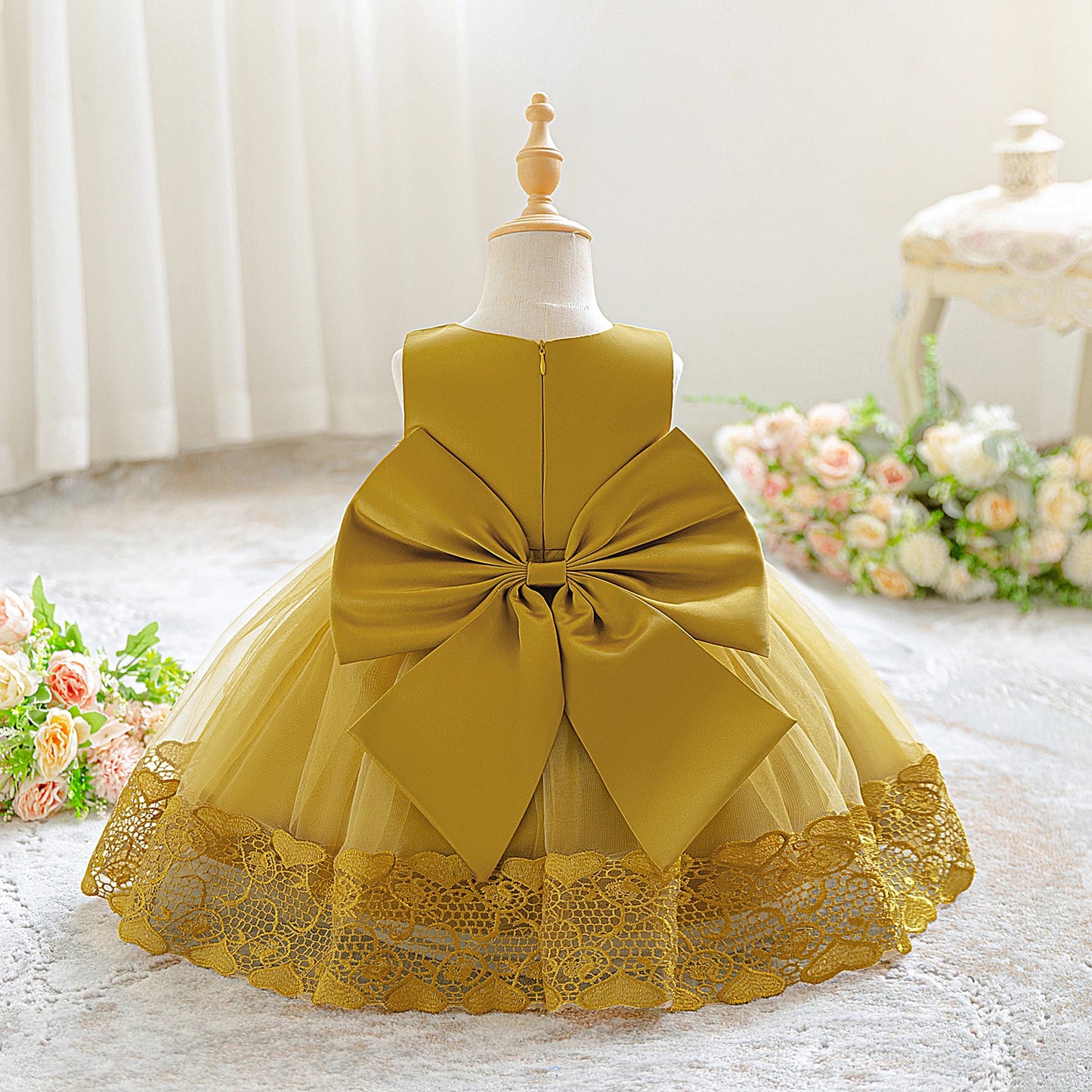 Toddler Flower Baby Wedding Princess Girls Dress Elegant Tulle Bridesmaids 1st Birthday Party Dresses Baby Bow Baptism Costumes - ST Superstore