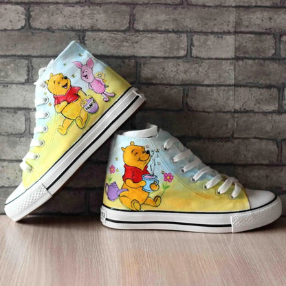 Real Pictures Good  2024 Casual Canvas Shoes Hand-painted Winnie The Pooh Bear Custom Shoes Large Size High-top Lace-up Shoes