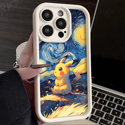 Oil Painting P-Pokemon Case for iPhone 14 15 Pro Max 13 12 11 X XS XR 7 8 Plus SE 2020 Shockproof Soft Silicone Protective Cover