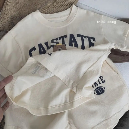 Summer Toddler Baby Girl Solid Cotton Clothes Short Sleeve Cartoon Bear Printed T-shirts and Shorts 2pcs Set Kid Boy Tracksuits - ST Superstore