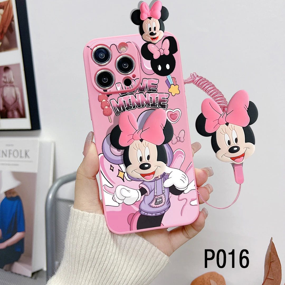 Cartoon Case With Holder Rope Cover For iPhone 16 15 14 13 12 Mini 11 Pro X XS Max XR 7 8 6 6S Plus SE 2022