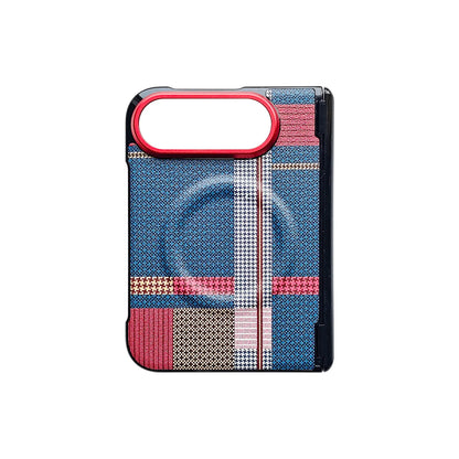 A protective phone case featuring a textured blue and pink plaid pattern with a red metallic camera bumper, shown on a plain white background.