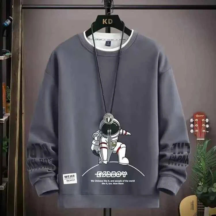 Autumn Men's Sweatshirt Adolescent Astronaut Printed Long Sleeve T-shirt Fashion Men's Clothing Grey O Neck Harajuku Top New