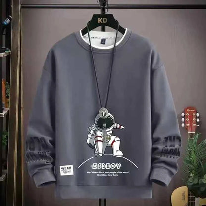 Autumn Men's Sweatshirt Adolescent Astronaut Printed Long Sleeve T-shirt Fashion Men's Clothing Grey O Neck Harajuku Top New