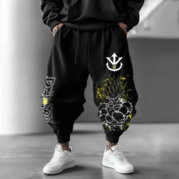 2026 New Street Fashion Mens Cotton High Waist Trousers Wide Leg Design Loose Hem Breathable Pants Goku Print