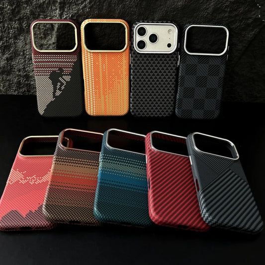 Collection of various patterned phone cases on a dark background
