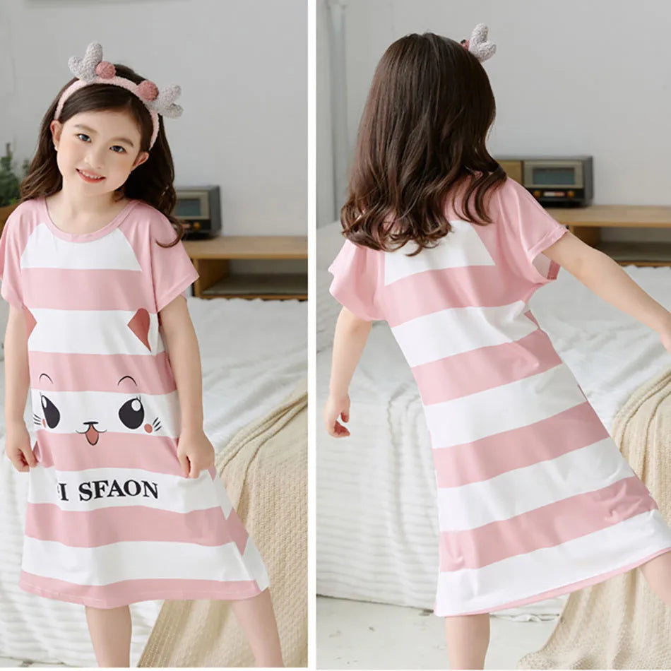 Children Sleepwear Girls Short Sleeve Cartoon Dinosaur Bunny Unicorn Nightgowns Comfort and Trendy Sleep Dress Summer Pajamas