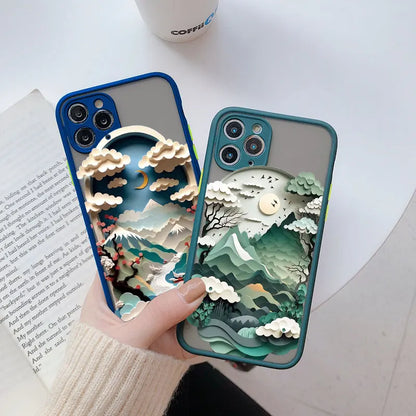 Phone case with mountain design on a gray background