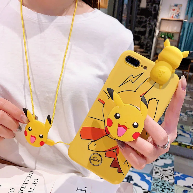 iPhone 6 6s 7 8 X Xs Max XR 11 12 13 14 15 16 Pro Max SE Pokemon Pikachu Phone Case With Holder Rope