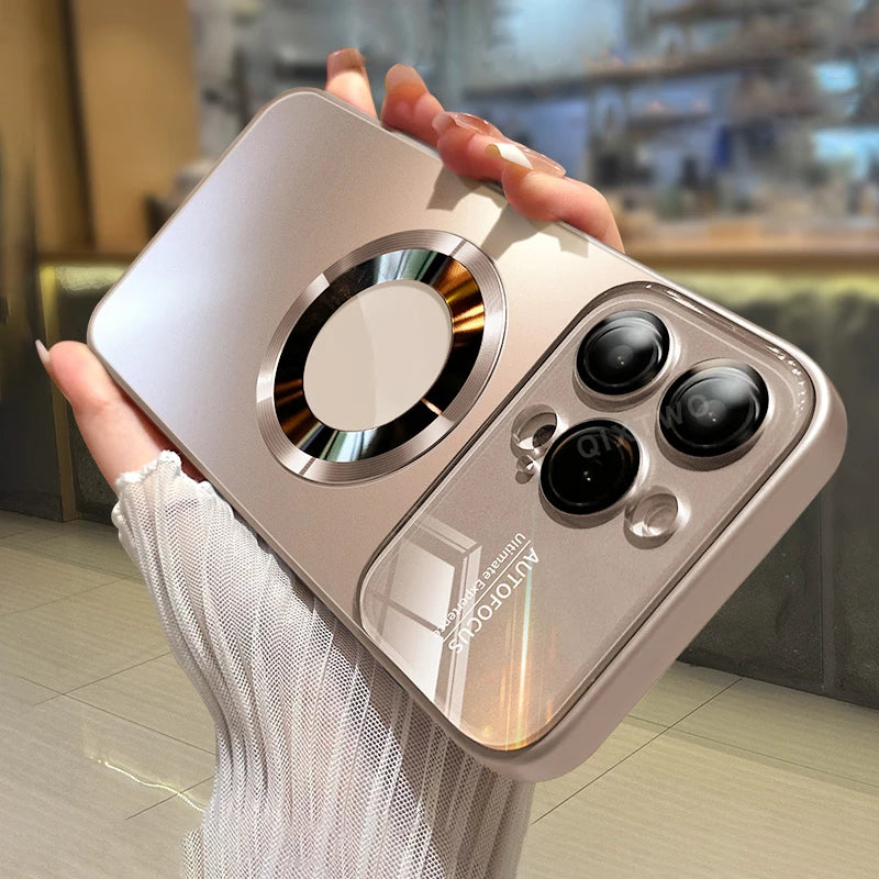 Luxury Glass Camera Lens For Magesafe Magnetic Wireless Charging Case For iPhone 11 12 13 14 15 16 Pro Max Plus Shockproof Cover