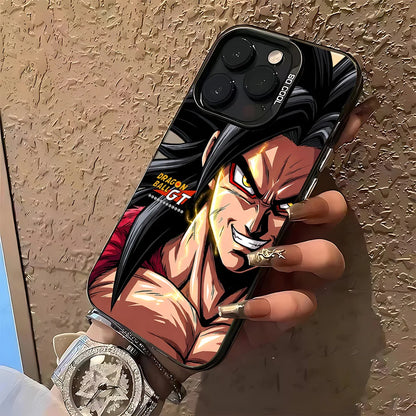 A hand holding a black phone case featuring an anime character print from Dragon Ball GT, shown against a textured beige wall.