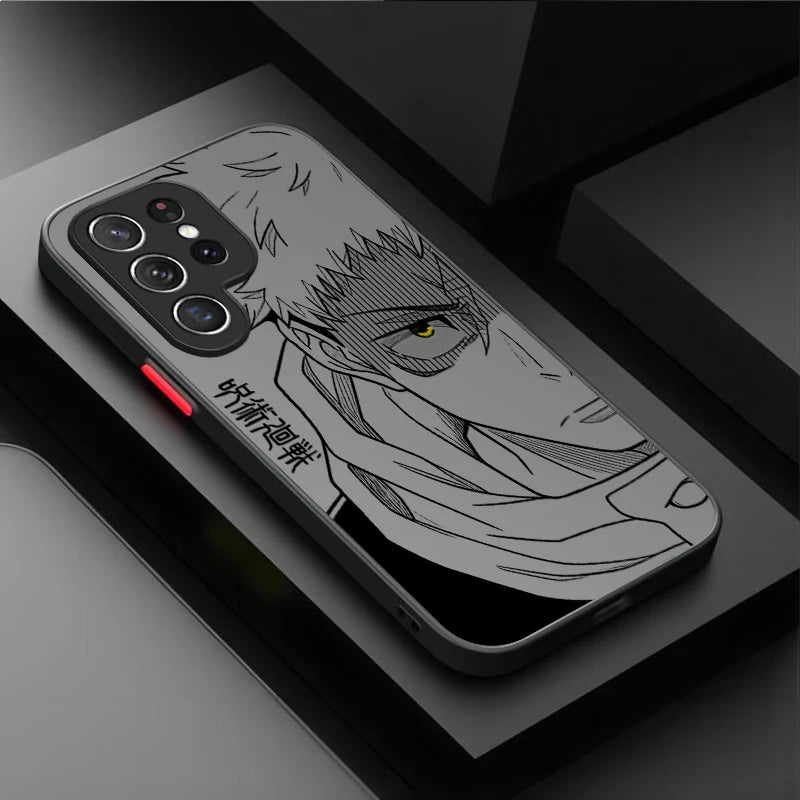 A clear smartphone case with a black-and-white anime-style character illustration and a small red accent near the camera cutout, shown on a dark geometric surface.