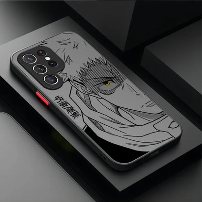 A clear smartphone case with a black-and-white anime-style character illustration and a small red accent near the camera cutout, shown on a dark geometric surface.