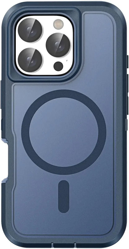 Blue phone case with MagSafe ring on a black background