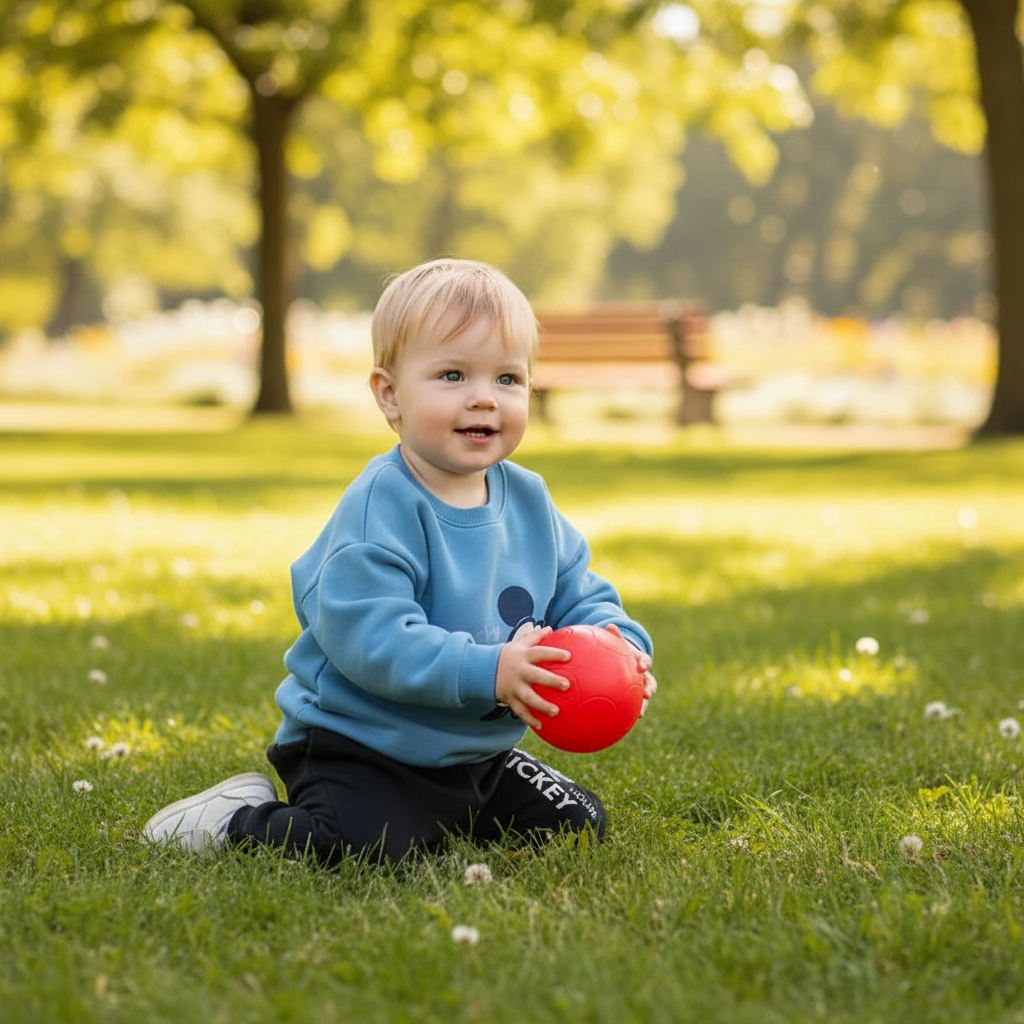 A toddler sitting on green grass in a sunny park, wearing a light blue sweatshirt with a dark Mickey Mouse head graphic and black pants, holding a red ball.