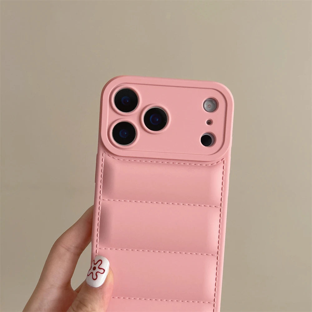 Soft Down Jacket Silicone Case For iPhone 17 16 15 14 13 12 11 Pro Max Plus Air Shockproof Camera Protection Wrist Strap Cover