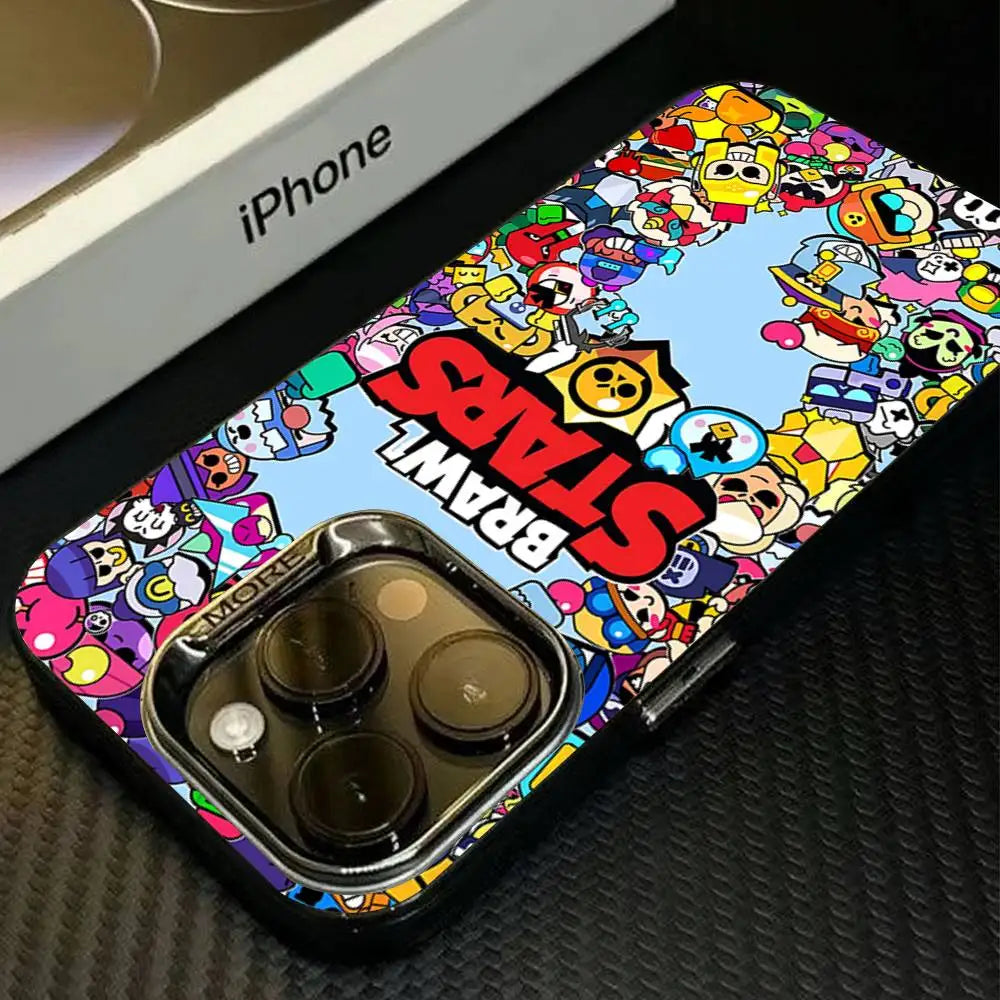 A phone case featuring a colorful cartoon character collage and the words 'BRAWL STARS' on a light blue background, shown fitted on a smartphone with an iPhone box partially visible in the background.