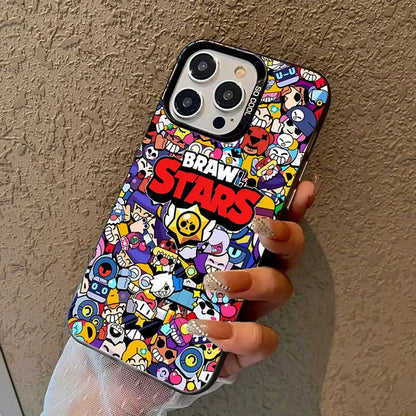 A hand holding a phone case featuring a colorful, dense cartoon collage with the prominent red and white 'BRAW STARS' logo. The background is a textured beige wall.