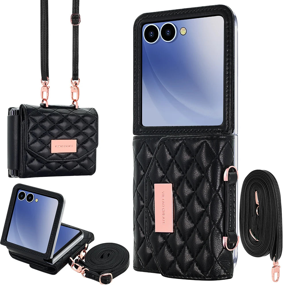 VIETAO Luxury Soft PU Leather Wallet Phone Case for Galaxy Z Flip 7/6/5/4/3 with Crossbody Strap - Durable Protective Cover