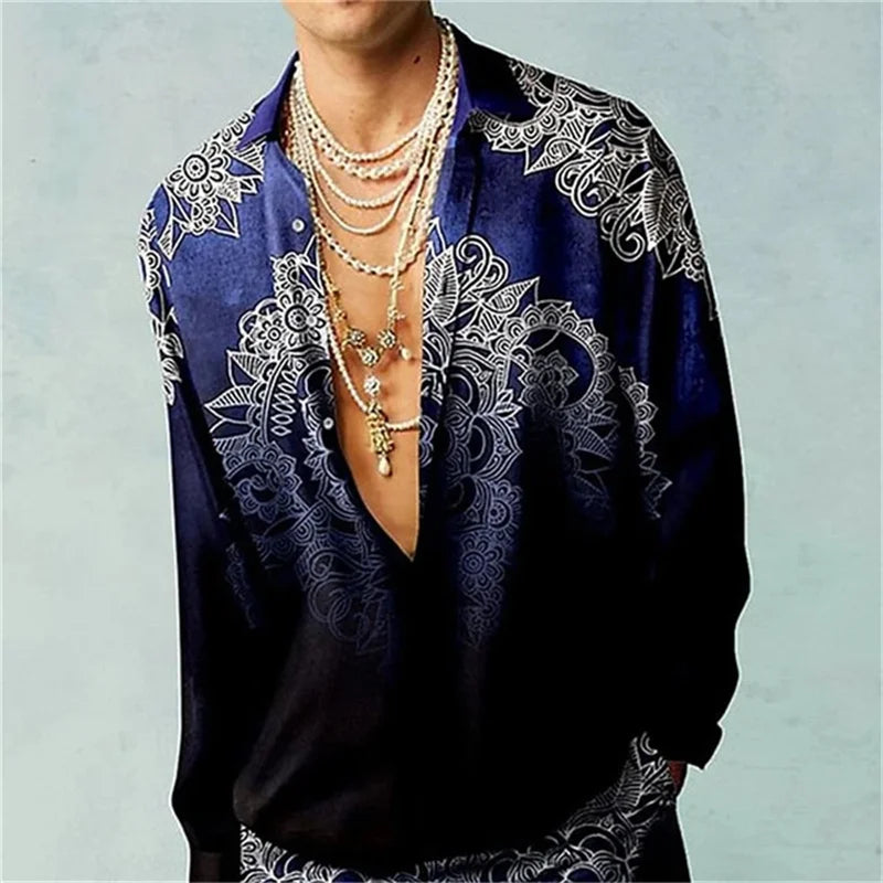Casual Minimalist Design Long Sleeve Shirts Autumn Fashion Printed Pattern men's Shirt Street Retro Harajuku men's Clothing Tops