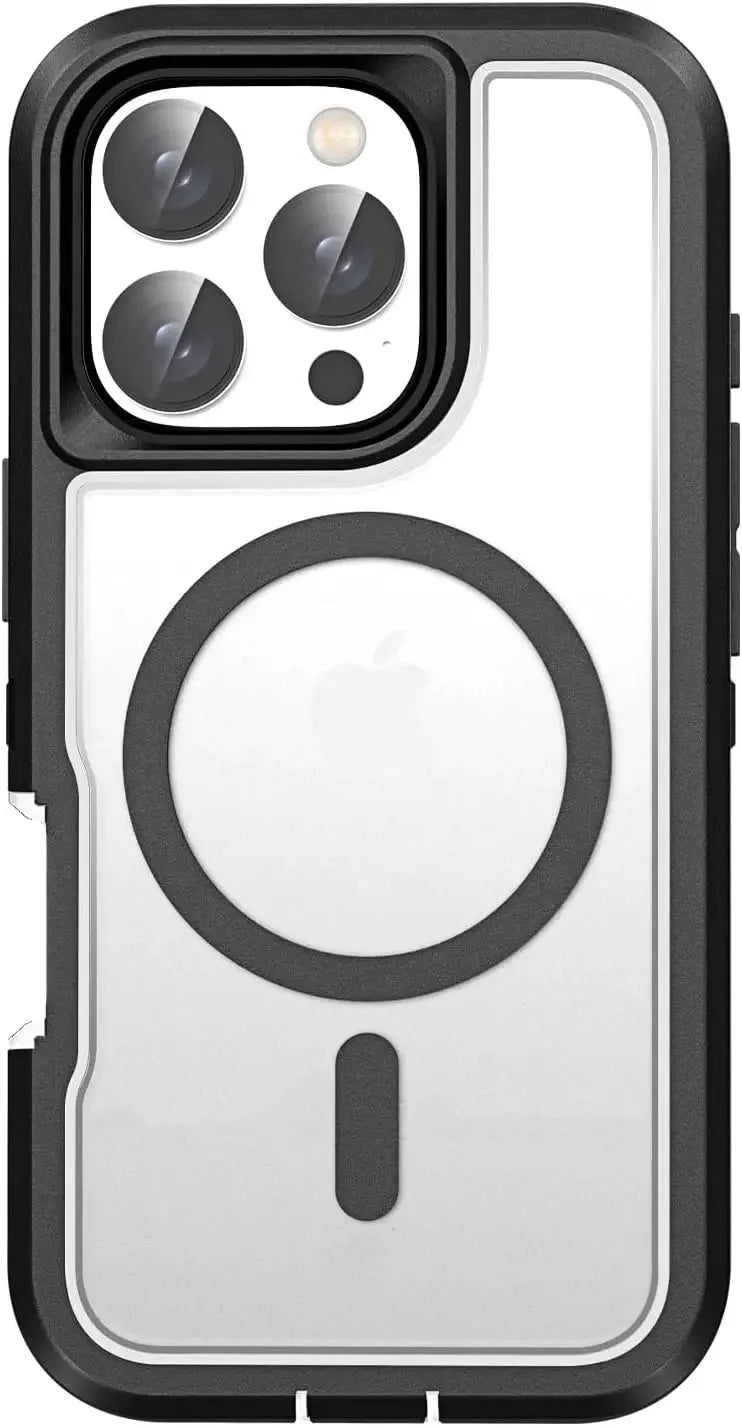 Phone case with camera cover and magnetic ring attachment on a black background