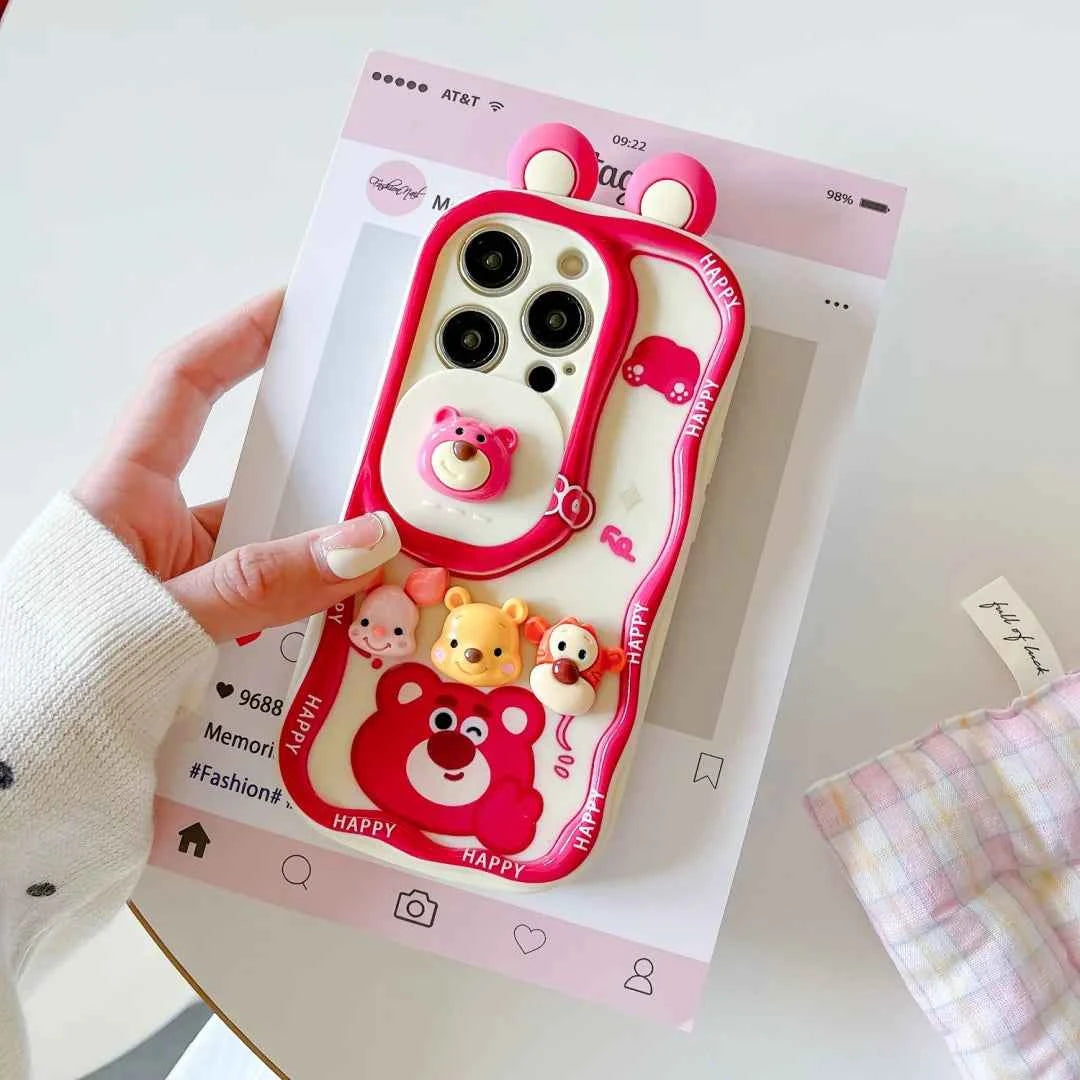 Cute Cartoon Winnie the Pooh Lotso strap chain Phone Case For iPhone 17 16 15 14 13 12 11 Pro Max 14 15 16 Plus Back Cover