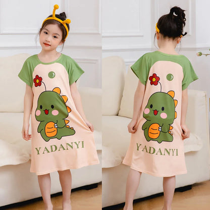 Children Sleepwear Girls Short Sleeve Cartoon Dinosaur Bunny Unicorn Nightgowns Comfort and Trendy Sleep Dress Summer Pajamas