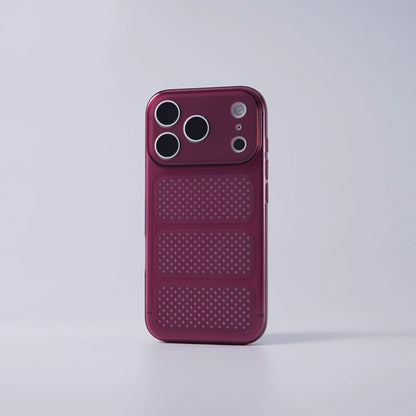 A dark magenta translucent phone case with a textured honeycomb pattern and a raised camera bezel, shown on a light gray background.