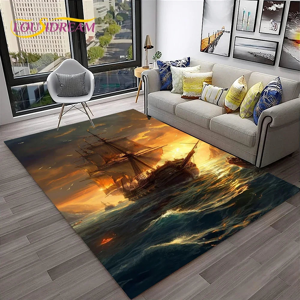 3D Pirate Ship Boat,Sailboat,Barque Carpet Rug for Home Living Room Bedroom Sofa Doormat Decor,kids Area Rug Non-slip Floor Mat