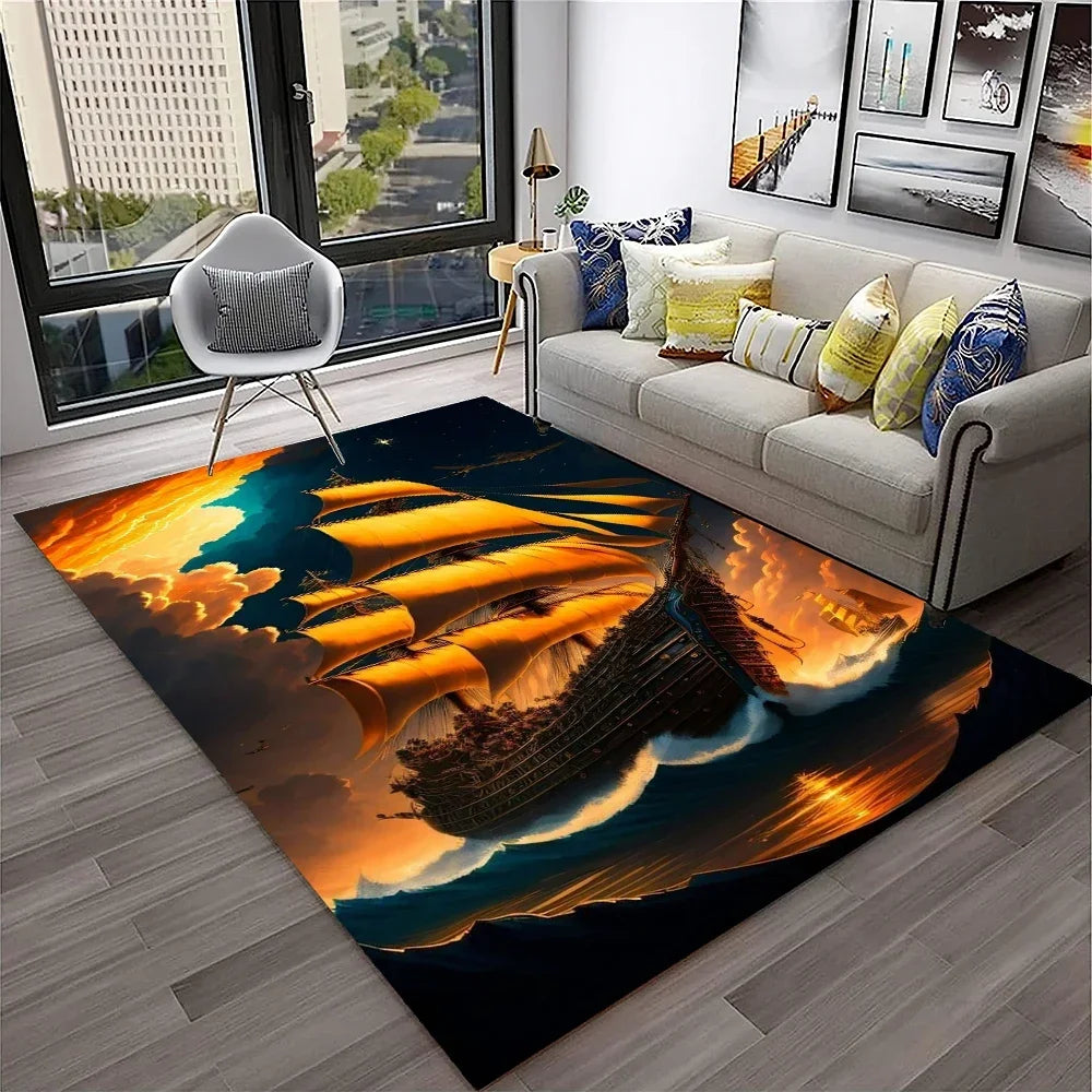 3D Pirate Ship Boat,Sailboat,Barque Carpet Rug for Home Living Room Bedroom Sofa Doormat Decor,kids Area Rug Non-slip Floor Mat
