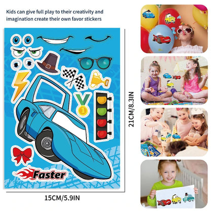 16Sheets Cars Lightning Mcqueen  Make Your Own Face DIY Puzzle Stickers Party Favors Kids Toys Birthday Gifts