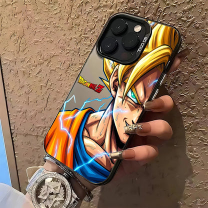 A hand with long silver manicured nails holds a phone case featuring an anime character design from Dragon Ball Z. The case has a black bumper edge and shows the character with spiky blond hair, blue eyes, and an orange and blue outfit with lightning effects.