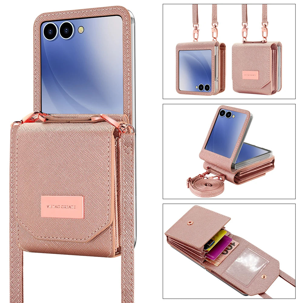 VIETAO Girls' PU Leather Z Flip 7 Card Wallet Phone Case With Crossbody Strap Compatible With Galaxy Z Flip 7 Flip6 Flip5 z4 z3