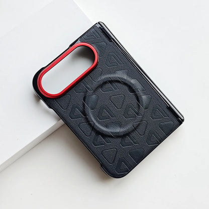 Black textured phone case with a red metallic camera ring, featuring a circular magnetic grip design on the back, shown on a clean white background.