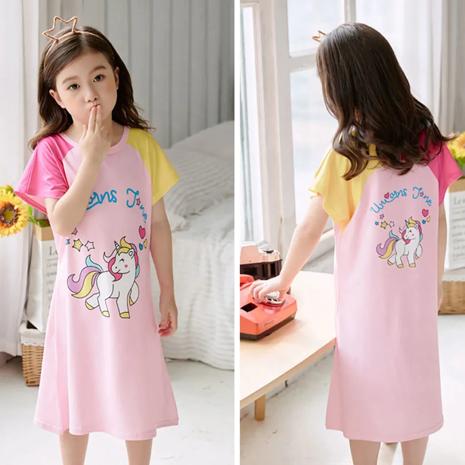 Children Sleepwear Girls Short Sleeve Cartoon Dinosaur Bunny Unicorn Nightgowns Comfort and Trendy Sleep Dress Summer Pajamas