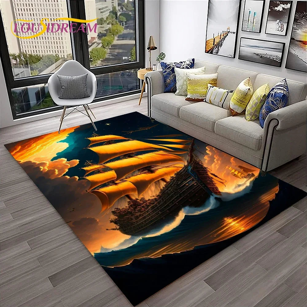 3D Pirate Ship Boat,Sailboat,Barque Carpet Rug for Home Living Room Bedroom Sofa Doormat Decor,kids Area Rug Non-slip Floor Mat