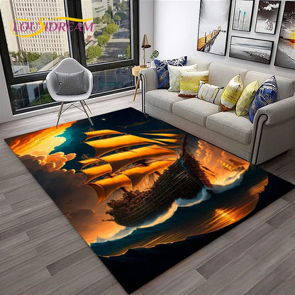 3D Pirate Ship Boat,Sailboat,Barque Carpet Rug for Home Living Room Bedroom Sofa Doormat Decor,kids Area Rug Non-slip Floor Mat