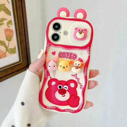 Cute Cartoon Winnie the Pooh Lotso strap chain Phone Case For iPhone 17 16 15 14 13 12 11 Pro Max 14 15 16 Plus Back Cover