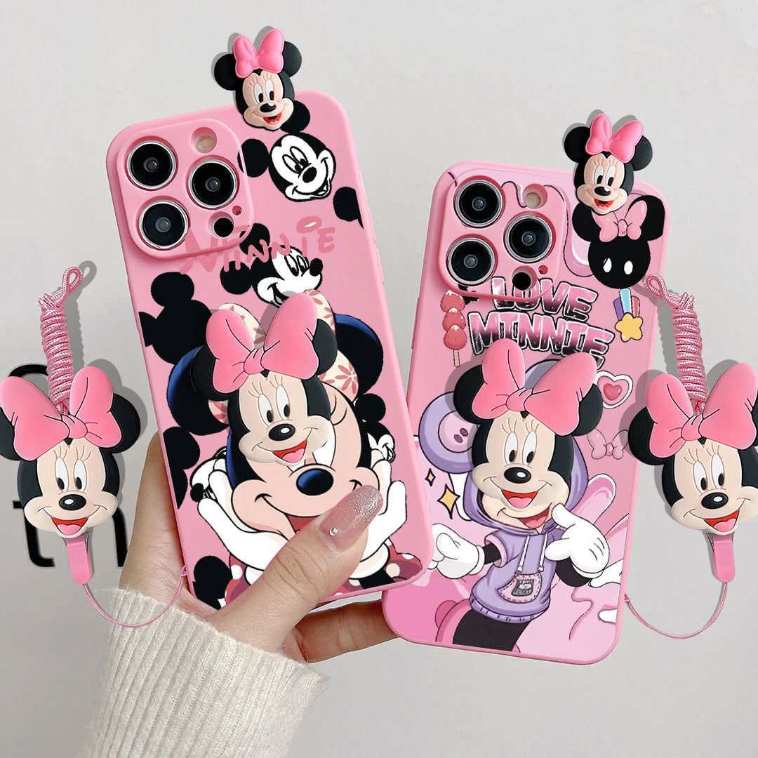 Cartoon Case With Holder Rope Cover For iPhone 16 15 14 13 12 Mini 11 Pro X XS Max XR 7 8 6 6S Plus SE 2022