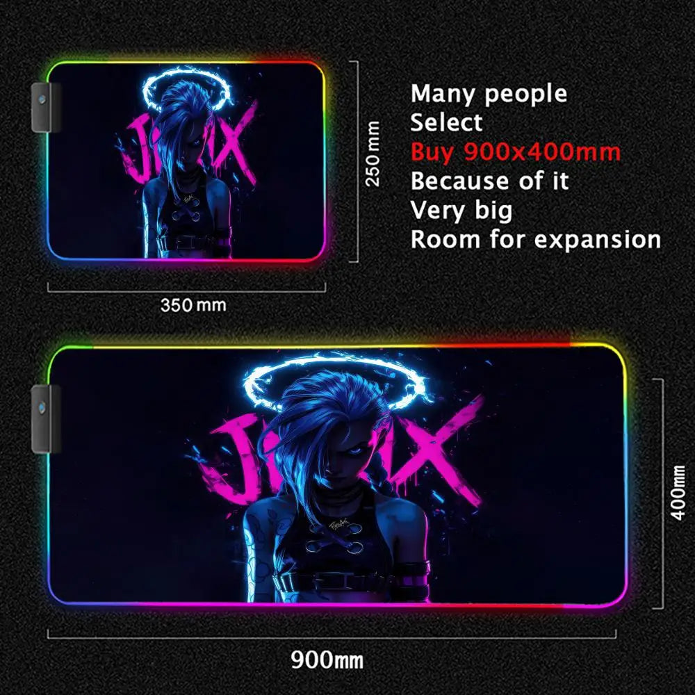 Arcane Jinx LOL Mouse Pad  RGB Keyboard Cover Colorful MousePad LED Light E-sports Mousepad Computer Gamer Glow Long Desk Mat