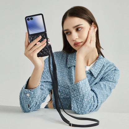 VIETAO Luxury Soft PU Leather Wallet Phone Case for Galaxy Z Flip 7/6/5/4/3 with Crossbody Strap - Durable Protective Cover