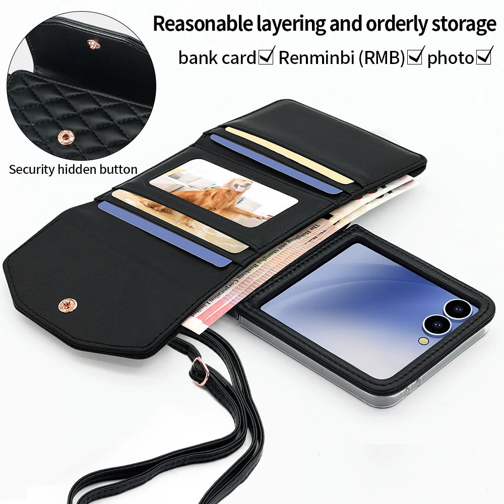 VIETAO Luxury Soft PU Leather Wallet Phone Case for Galaxy Z Flip 7/6/5/4/3 with Crossbody Strap - Durable Protective Cover