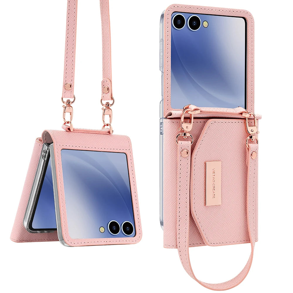 VIETAO Dark Red PU Leather Wallet Phone Case with Wrist Strap for Galaxy Z Flip 7/6/5/4/3 Women's Fashionable Phone Cover Case