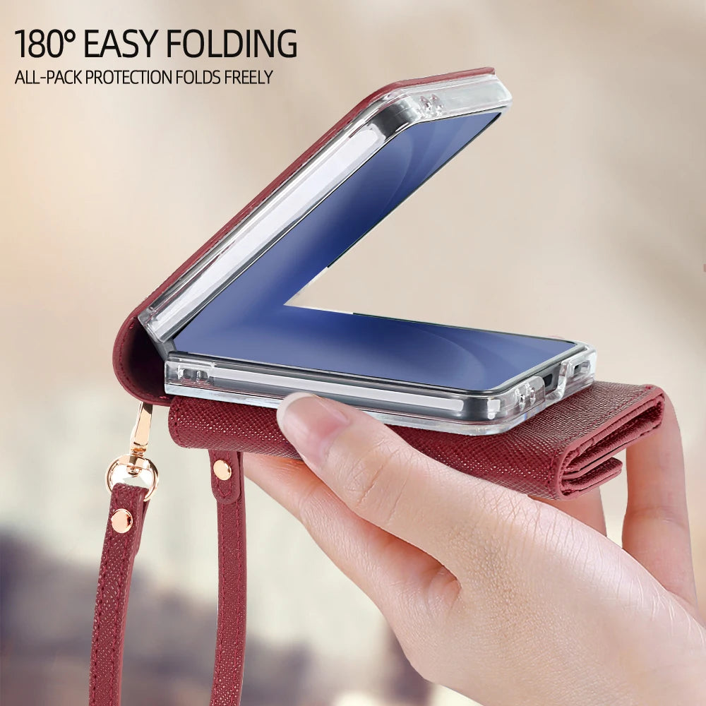 VIETAO Dark Red PU Leather Wallet Phone Case with Wrist Strap for Galaxy Z Flip 7/6/5/4/3 Women's Fashionable Phone Cover Case