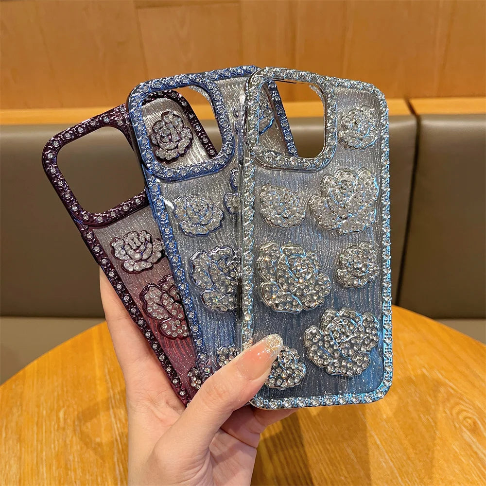 Fashion 3D Diamond Rose Phone Case for iPhone 16 15 14 13 11 12 Pro Max 16 Plus Bling Shiny Gradient Shockproof TPU Soft Cover