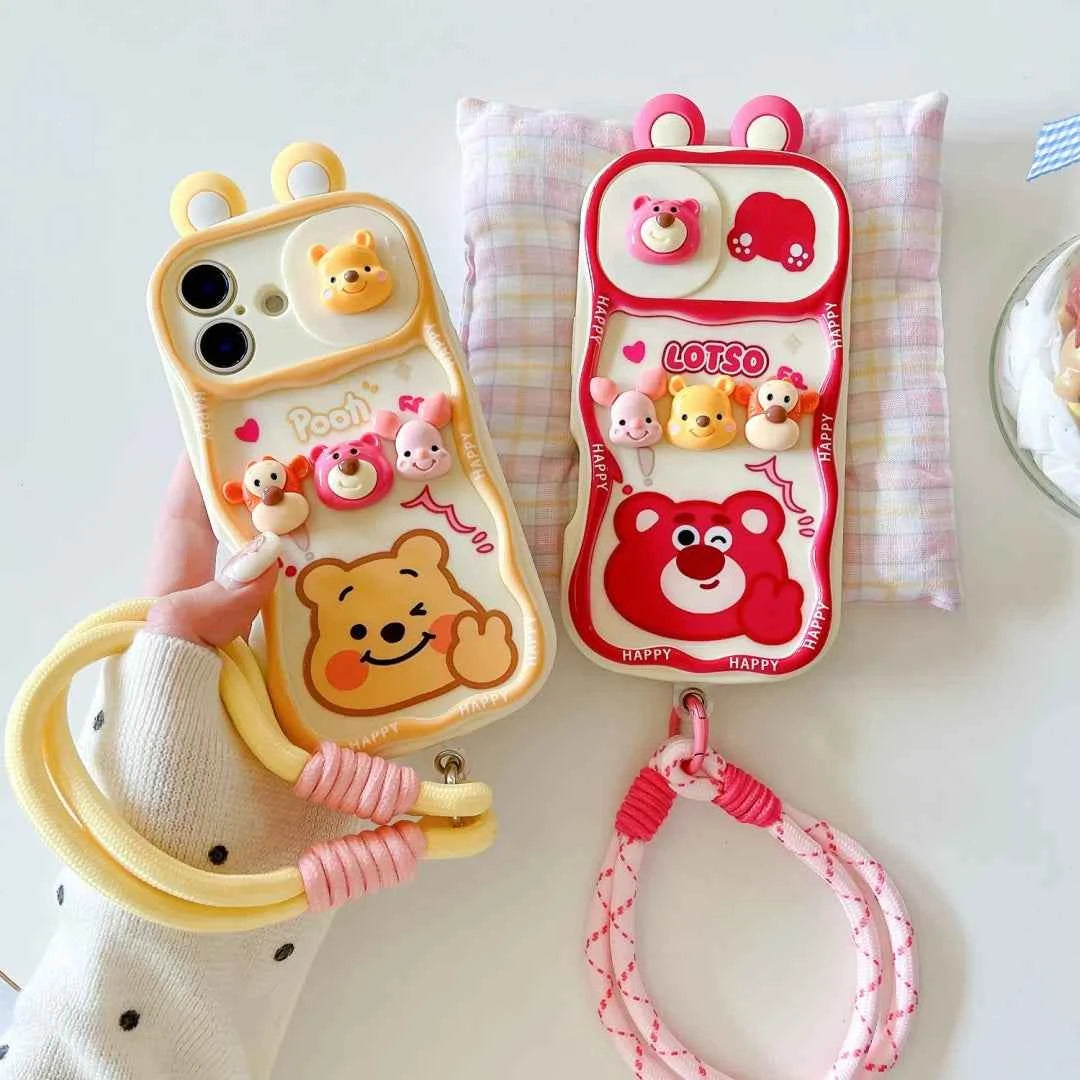 Cute Cartoon Winnie the Pooh Lotso strap chain Phone Case For iPhone 17 16 15 14 13 12 11 Pro Max 14 15 16 Plus Back Cover