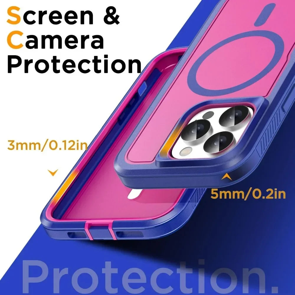 Phone case with screen and camera protection features on a blue background