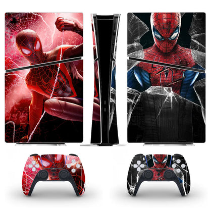 Gaming console and controller skin with Spider-Man design on a white background