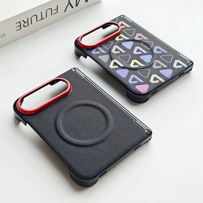 Two black textured phone cases with circular magnetic rings and camera cutouts, shown on a white surface. One case has a red camera ring accent, and the other has a pattern of pastel geometric triangles.